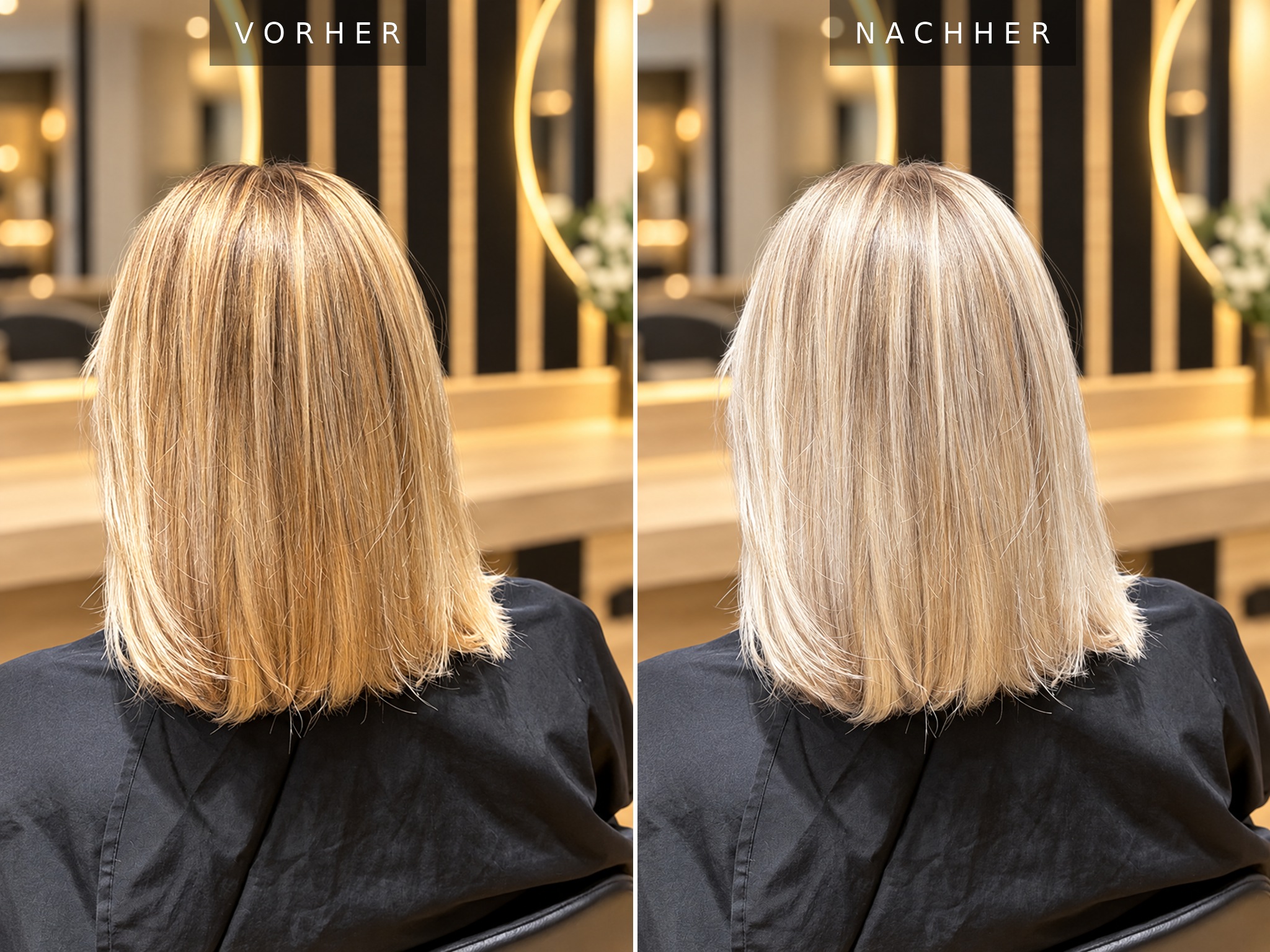 Vorher Nachher Bob – von Goldblond zu kühlem Platinblond, Michael T. Friseursalon
