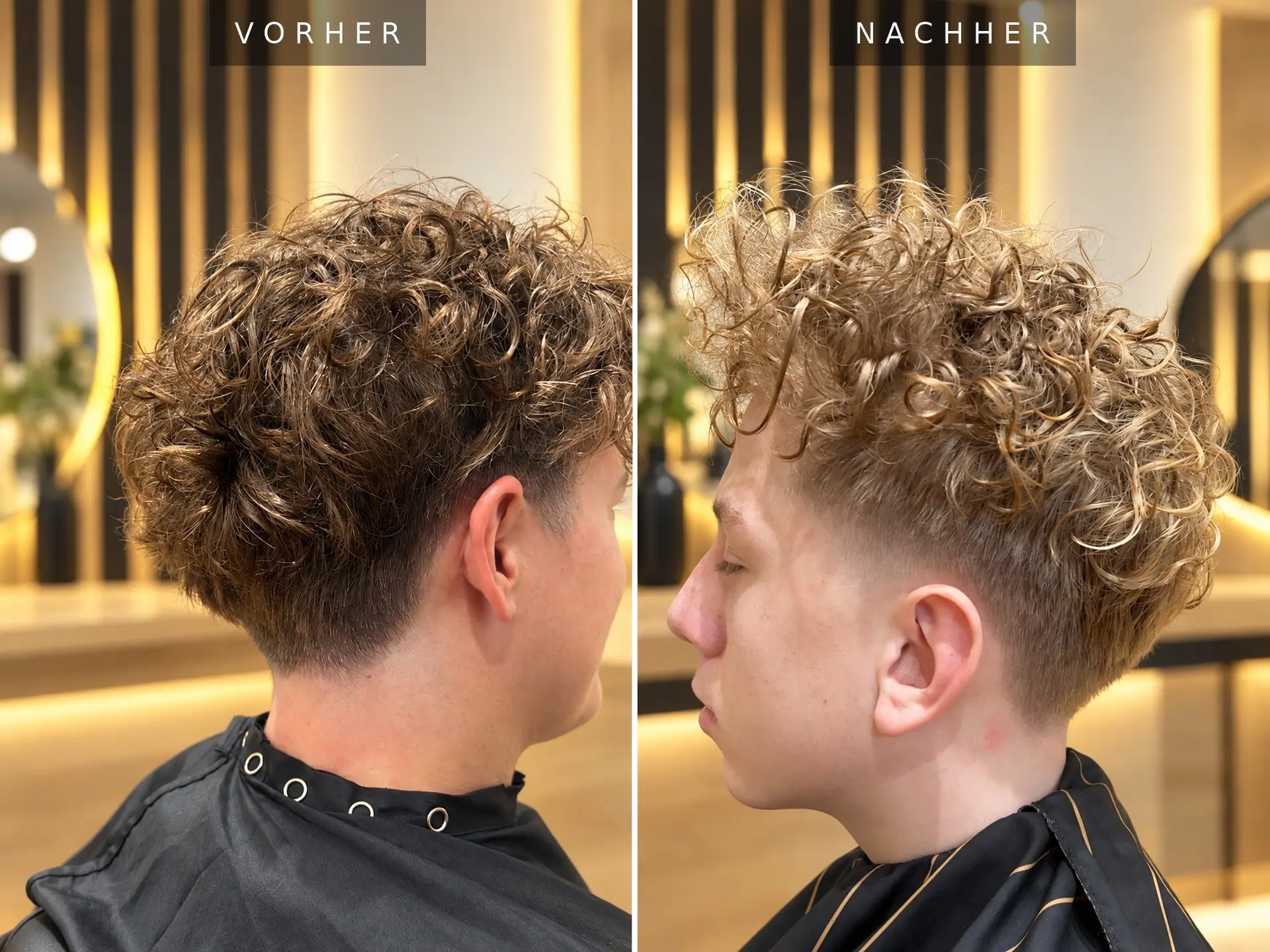 Vorher Nachher Locken Seitenansicht – Dauerwelle und Blond mit Fade, Michael T. Friseursalon