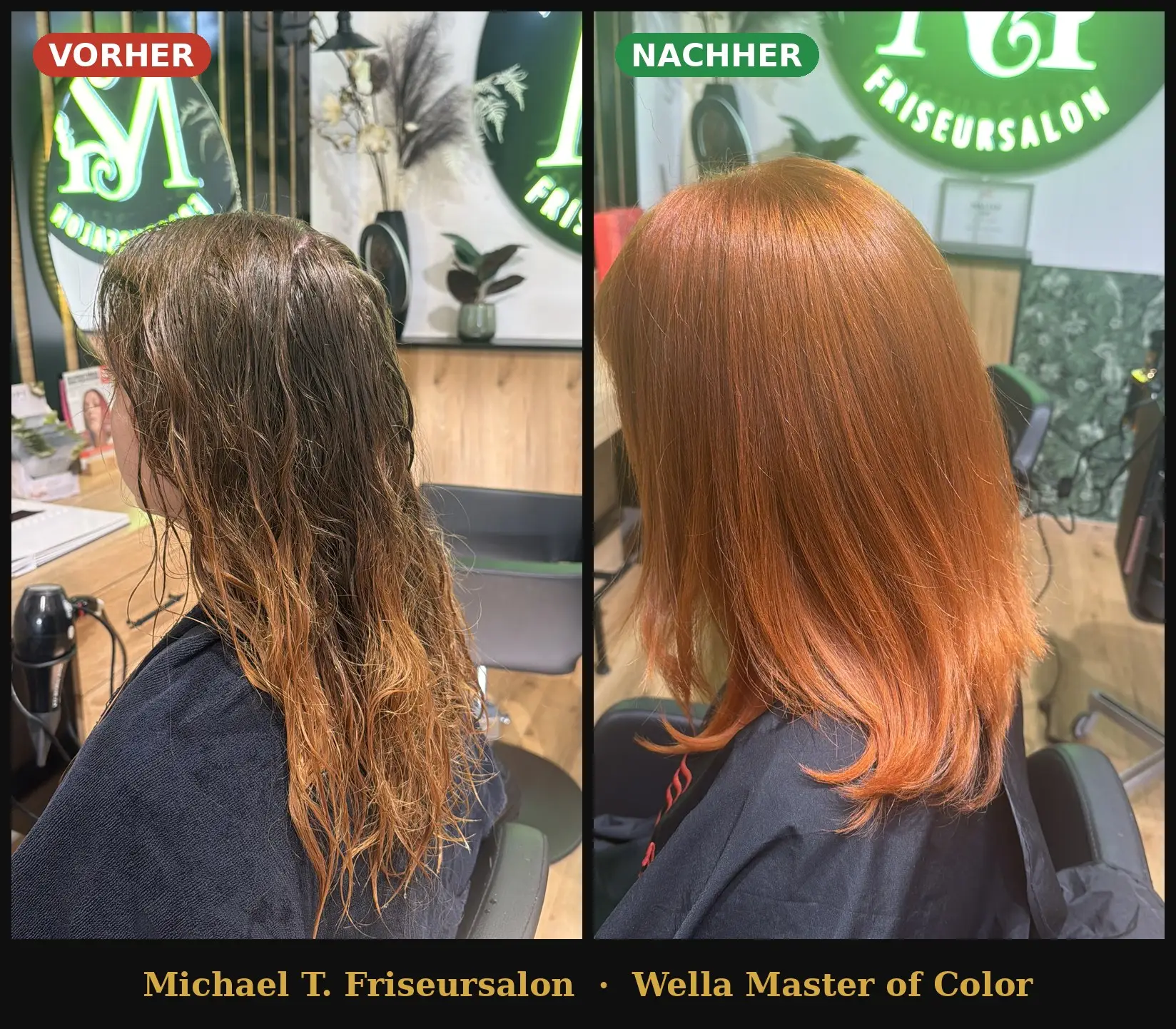 Vorher Nachher Kupfer – von ausgewaschenem Orange zu leuchtendem Kupferrot, Michael T. Friseursalon Münster