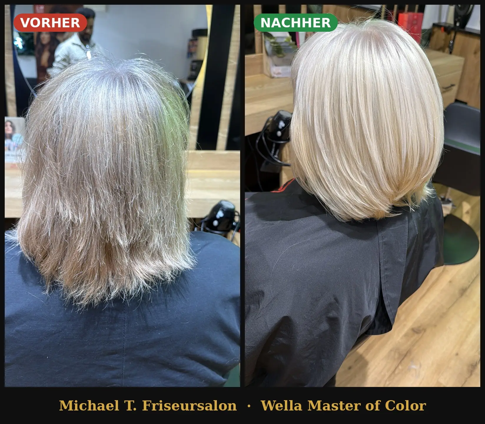 Vorher Nachher Bob – von strapaziertem Graublond zu glänzendem Platinblond, Michael T. Friseursalon Münster